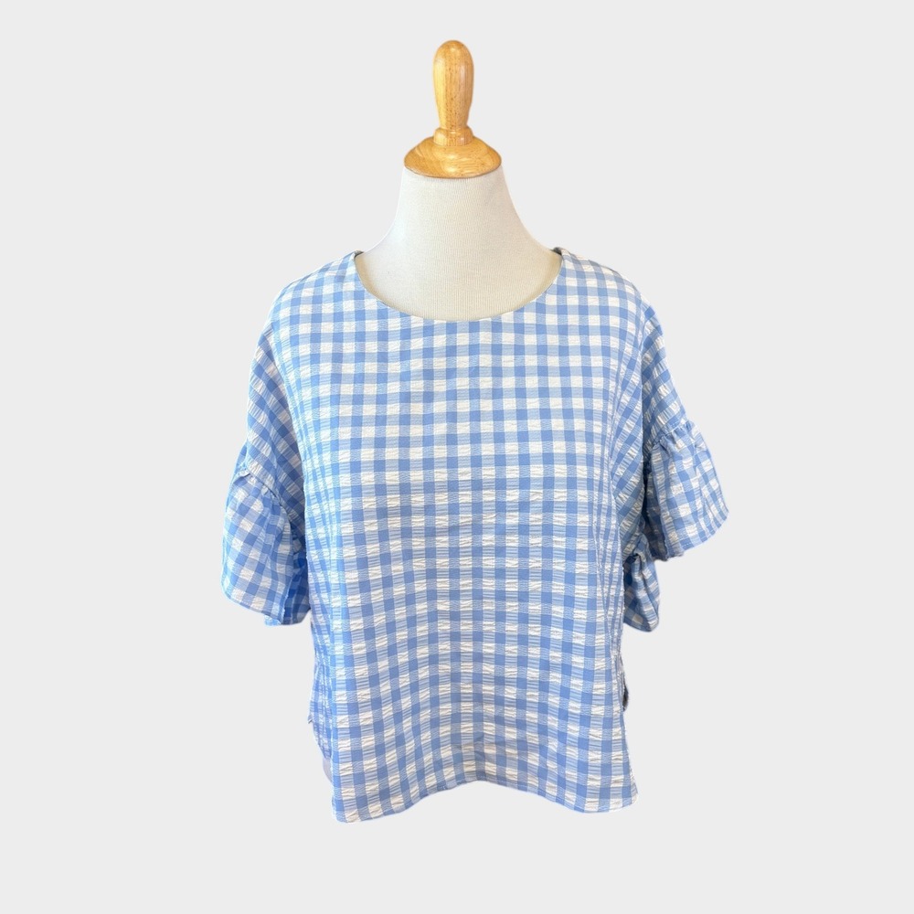 Gilli Blue Gingham Ruffle Sleeve Seersucker Top Plus Size 1X Keyhole Back